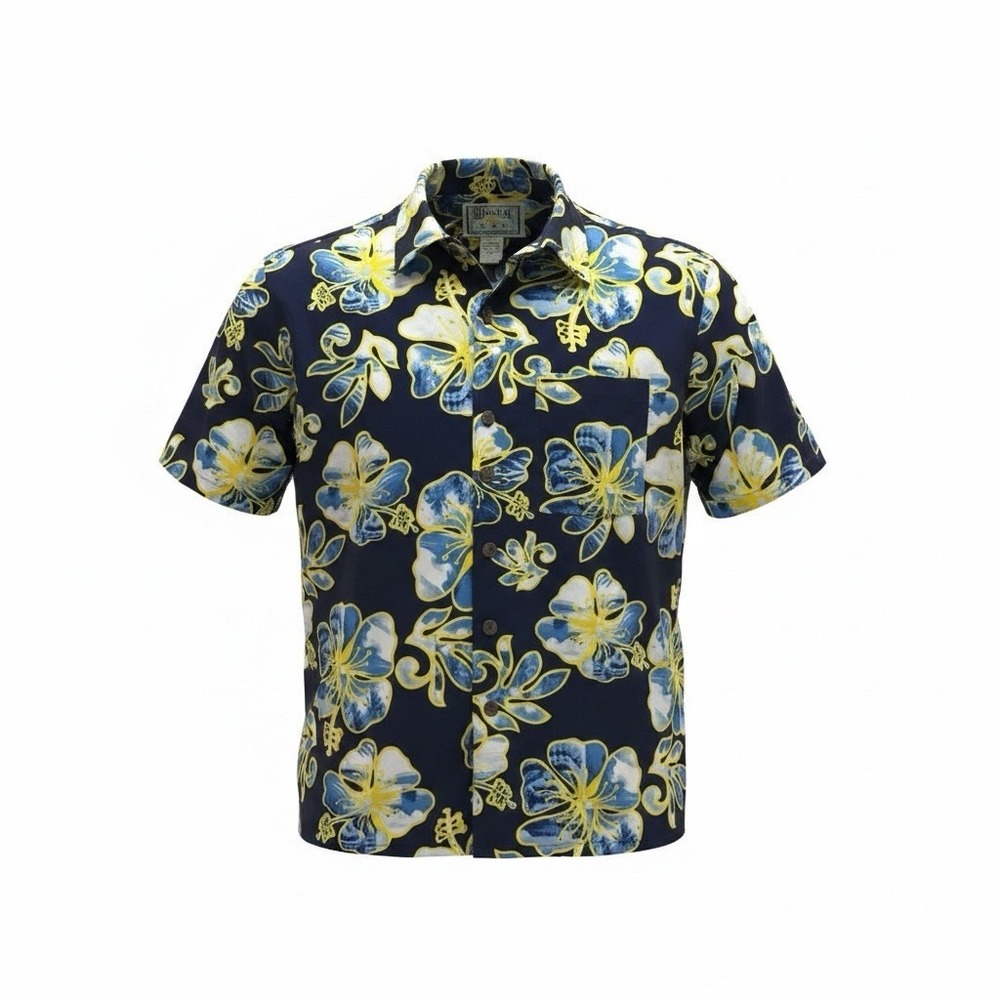 Hana Bay Hawaiian Shirt Mens XL Blue Yellow Floral Aloha Beach Camp Polyester